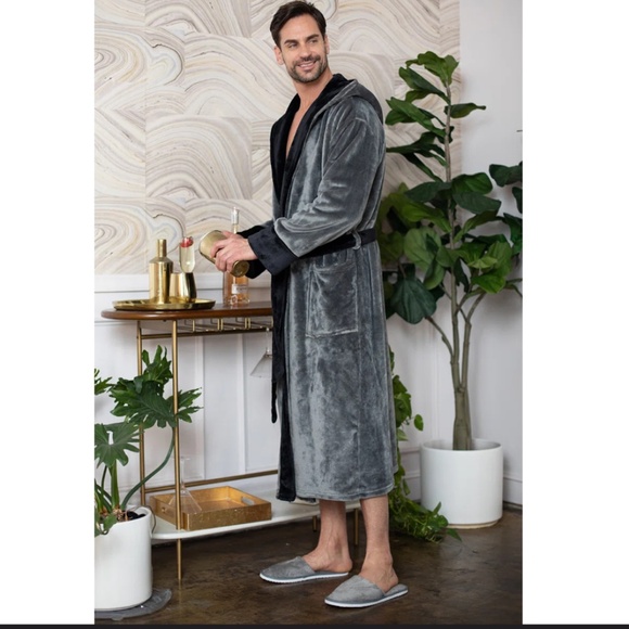 Elexander Del Rossa Mens Robe, Plush Fleece Hooded Cozy Bathrobe Sz L Gray/Black - Picture 11 of 11